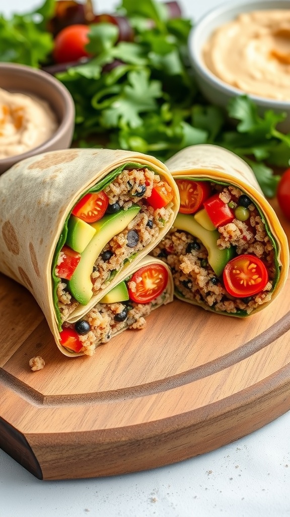 Hearty Quinoa and Veggie Wrap Recipe A quinoa wrap filled with fresh vegetables, cut in half, served with mixed greens and hummus on a wooden board.